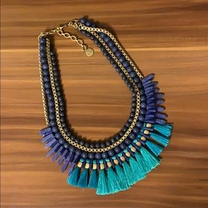 Stella and Dot fringe & bead gold & blue necklace